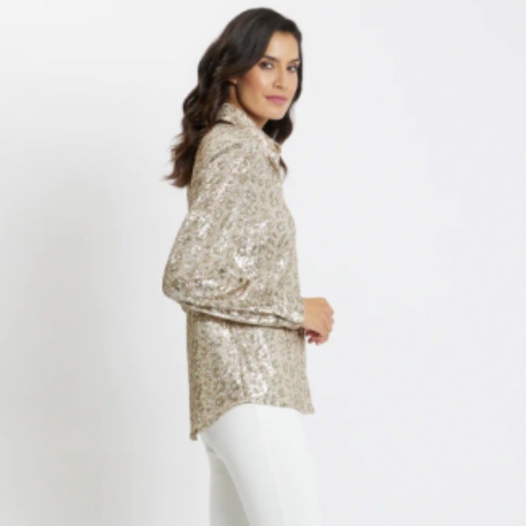 JUDE CONNALLY WOMENS BRANDY SEQUIN BUTTON DOWN TOP BLOUSE CHEETAH SIZE XS - Picture 2 of 7